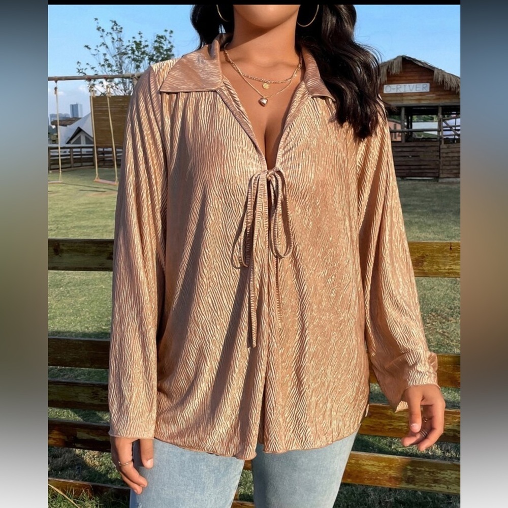 4XL Crinkle Satin Tie Front Top Blouse Brown Bronze Plus Size Oversized - Picture 7 of 9